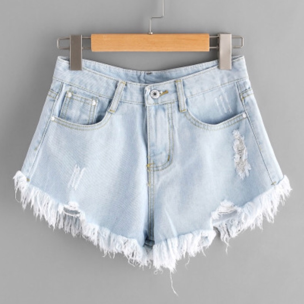 bleach wash ripped frayed hem denim shorts